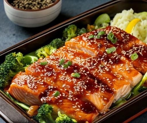 "A vibrant sheet pan filled with perfectly cooked salmon fillets glazed with teriyaki sauce, surrounded by colorful vegetables like broccoli and bell peppers, all ready for a delicious and healthy meal."