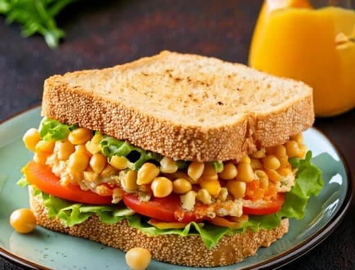 "A delicious chickpea salad sandwich made with mashed chickpeas, diced vegetables, and a creamy dressing, served on whole grain bread, garnished with fresh lettuce and tomatoes."