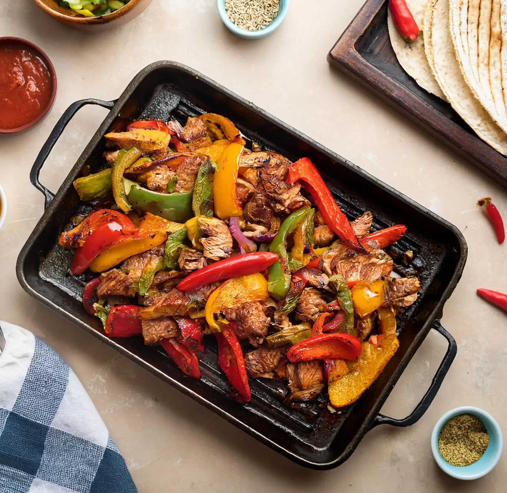 Colorful sheet pan fajitas featuring sliced bell peppers, onions, and seasoned chicken, served with fresh lime wedges and tortillas.