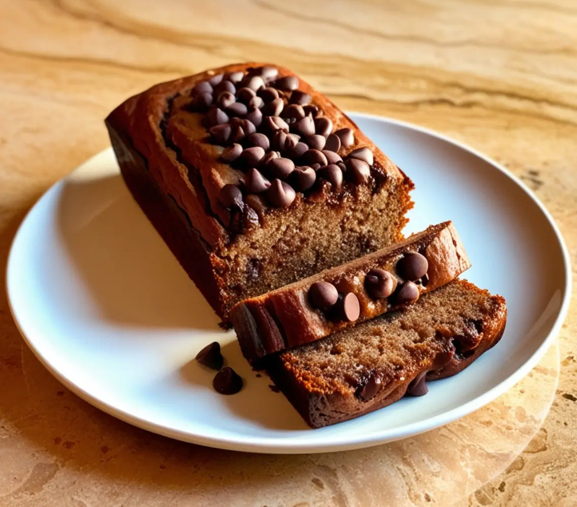 gold brown chocolate banana bread topped with chocolate chips.