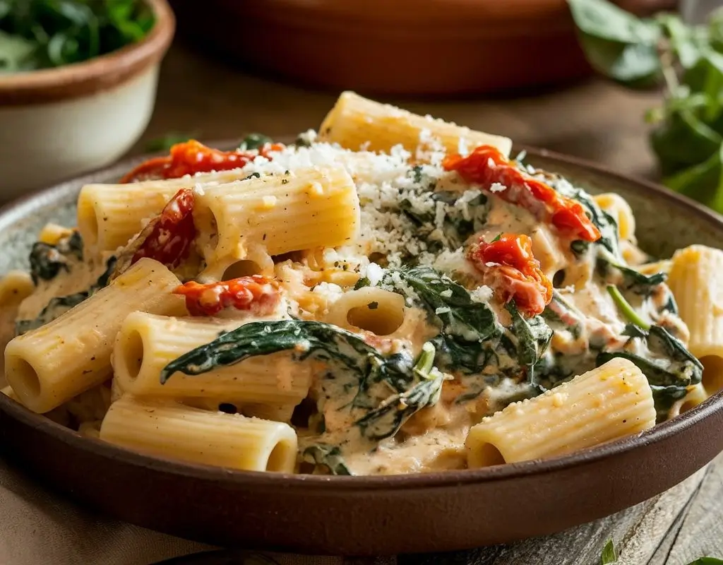 Creamy Tuscan pasta tossed with fresh spinach and sun-dried tomatoes, garnished with grated Parmesan and a sprinkle of black pepper,