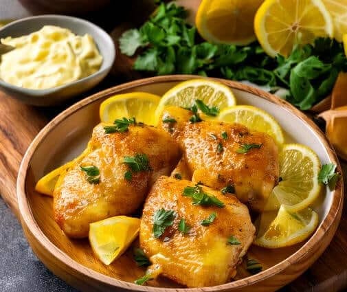 Plate of garlic butter chicken, golden brown and glistening, garnished with fresh parsley and served with a side of roasted vegetables."