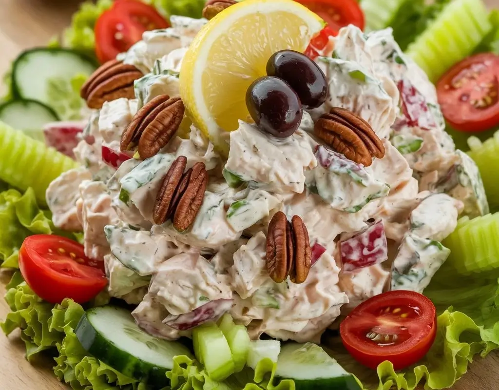 Delicious chicken salad, featuring tender chicken pieces, crisp lettuce, diced tomatoes, cucumbers, and a creamy dressing, garnished with fresh herbs."