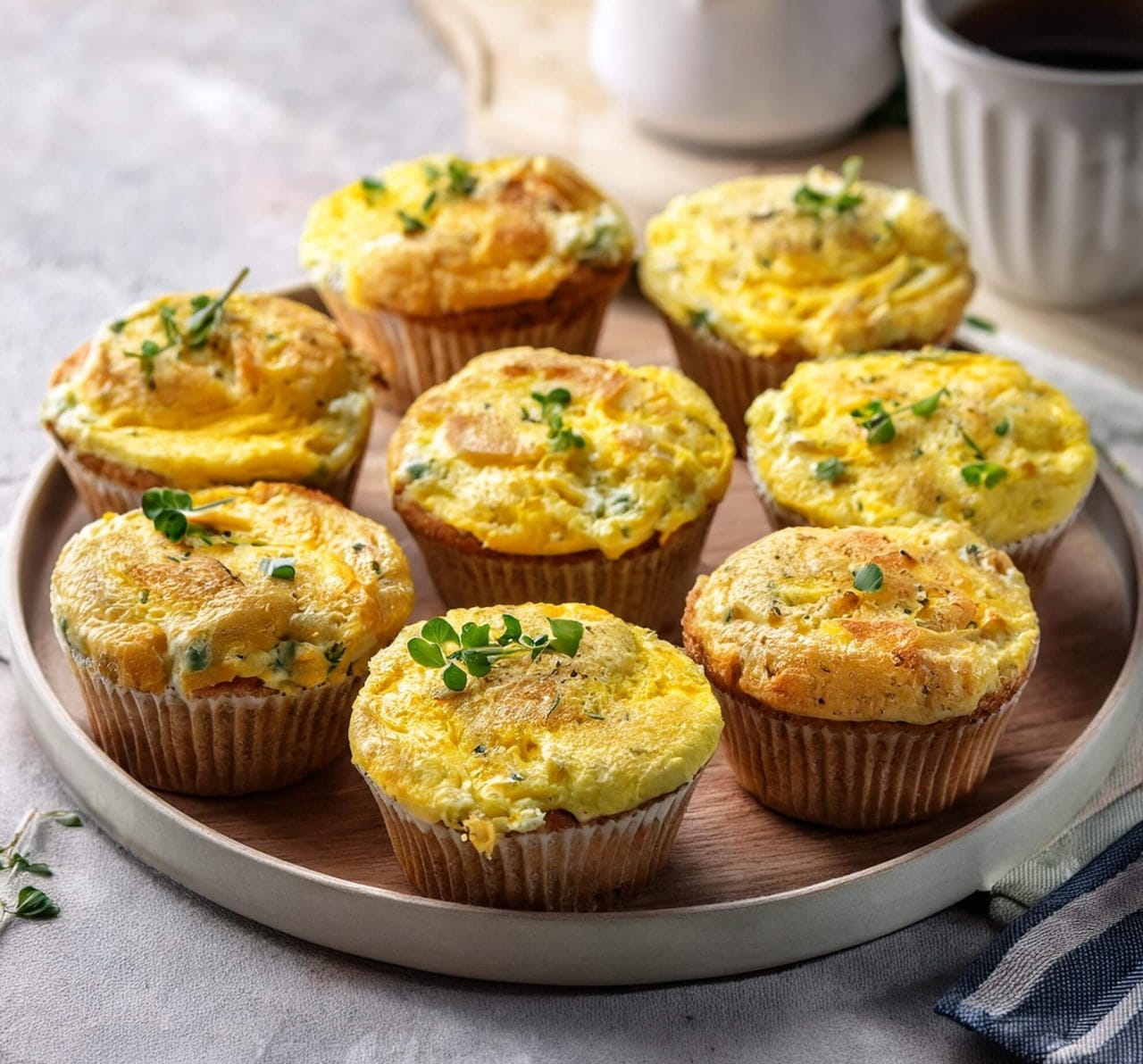 Close-up of freshly baked egg muffins filled with colorful vegetables and cheese, arranged on a plate."