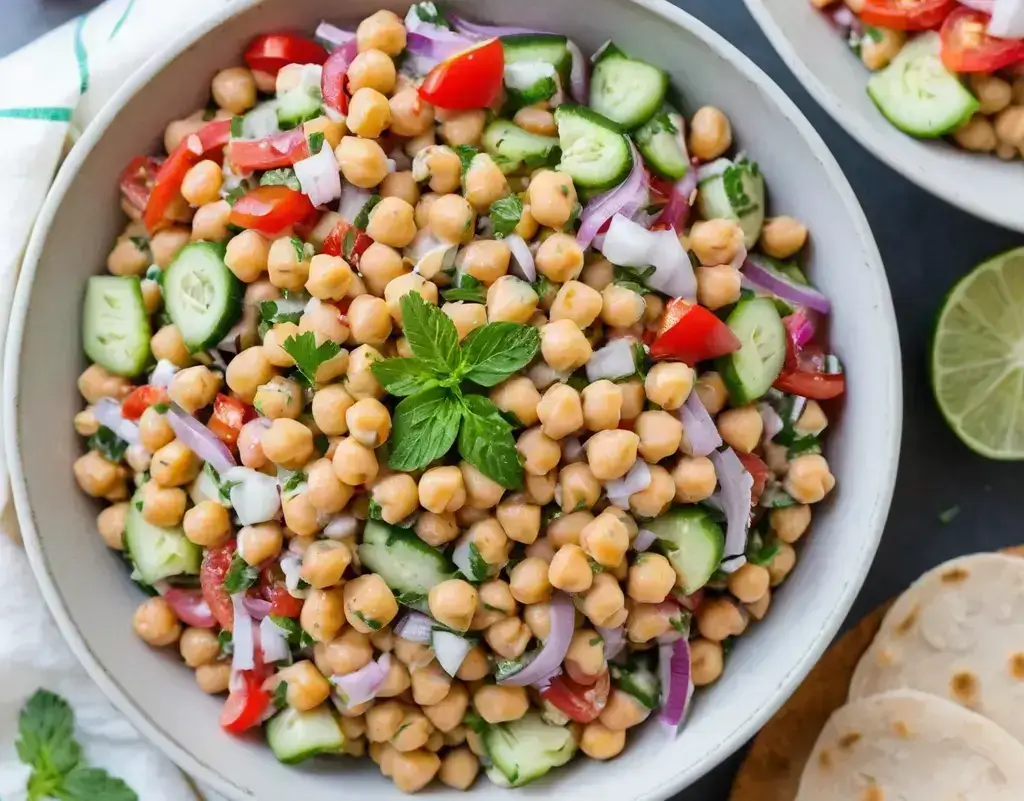 Mediterranean chickpea salad featuring colorful diced cucumbers, bell peppers, cherry tomatoes, red onion, and fresh herbs, all drizzled with olive oil and lemon dressing.