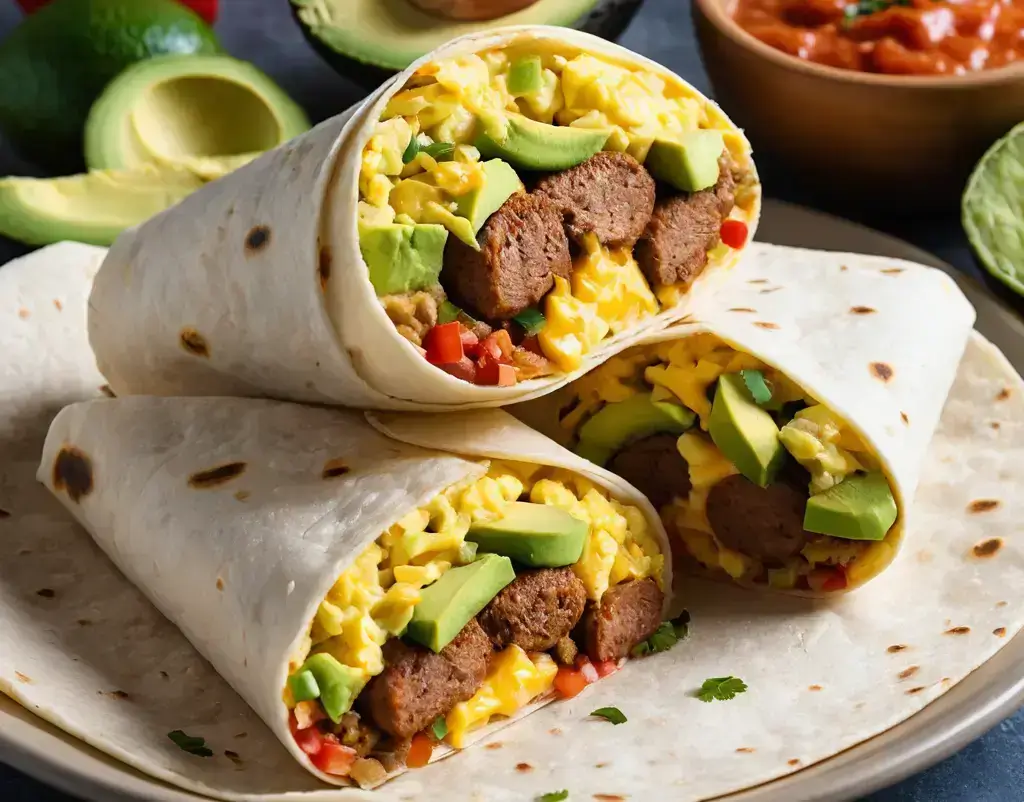 Colorful burrito wraps filled with fresh ingredients like scrambled eggs, cheese, and vegetables, neatly rolled and ready to serve.