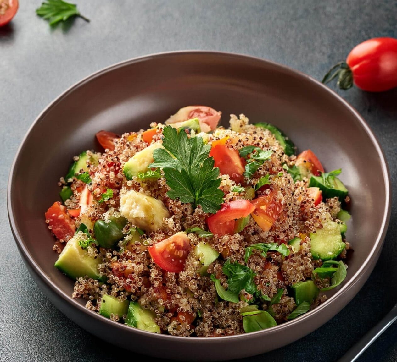 Colorful quinoa salad featuring vibrant cherry tomatoes, crisp cucumbers, diced bell peppers, and fresh herbs, garnished with a light lemon vinaigrette."