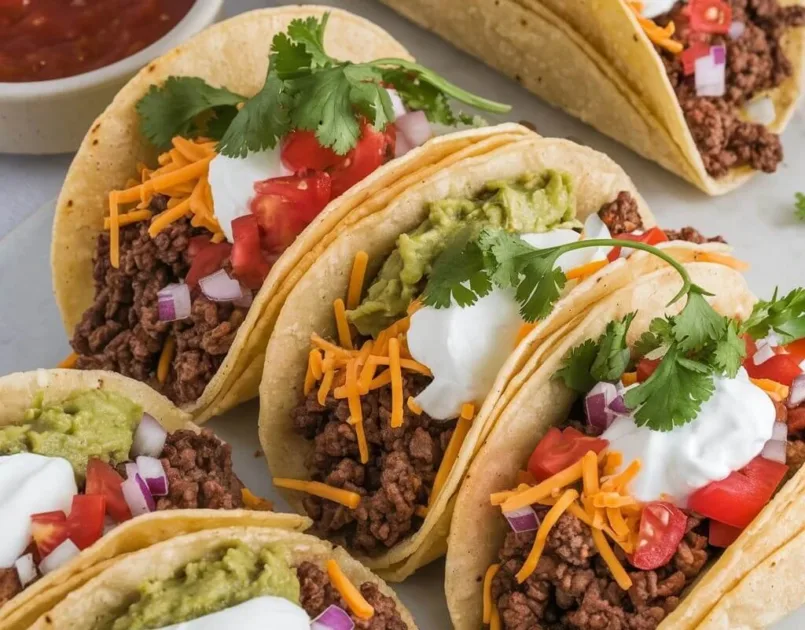 A ground beef taco filled with seasoned beef, topped with diced tomatoes, cheese, and a dollop of sour cream, all served in a crispy corn tortilla. The taco is placed on a colorful plate with a side of salsa.