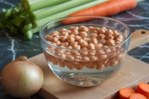 close-up view of chickpeas soaked in water, carrots, onion and celery are used for the soup.