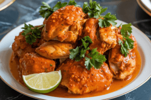 Juicy, golden-brown chicken pieces perfectly marinated and grilled, glistening with a flavorful glaze, placed on a rustic wooden platter for a mouthwatering presentation.