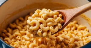 mixing pasta with cheese sauce.